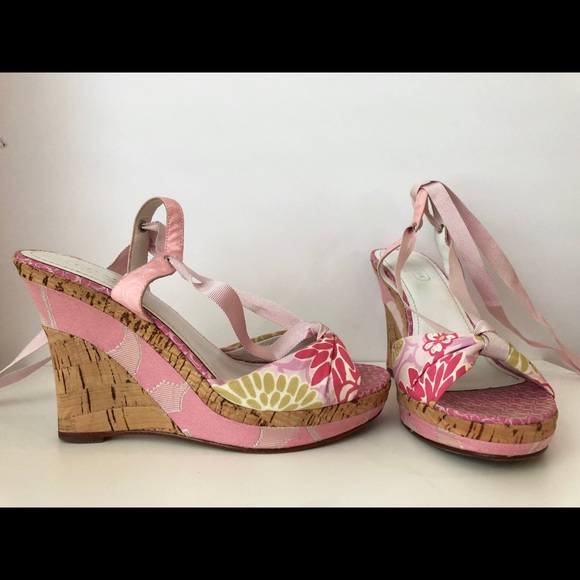 Coach Rachel Ribbon Lace Up Ankle Cork Wedges - Picture 2 of 5